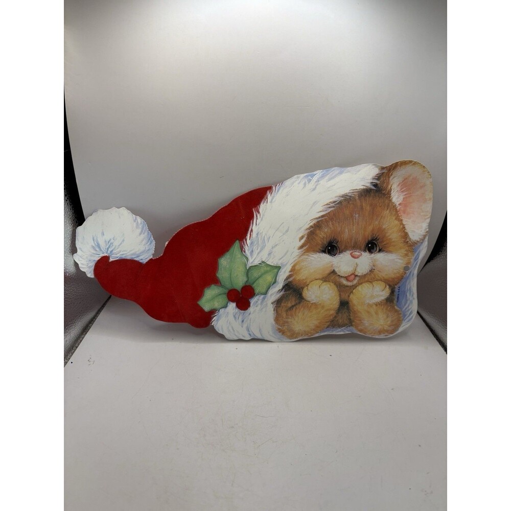Vintage Eureka USA 14” Christmas mouse santa hat mistletoe die cut flocked paper